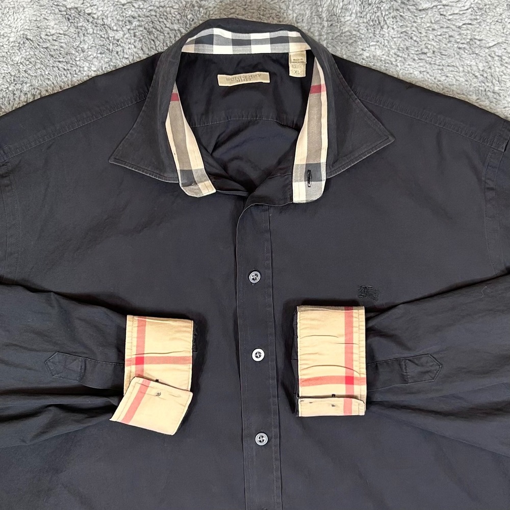 Burberry Brit Mens Black Nova Check Trim Button Down Shirt XL Classic Fit